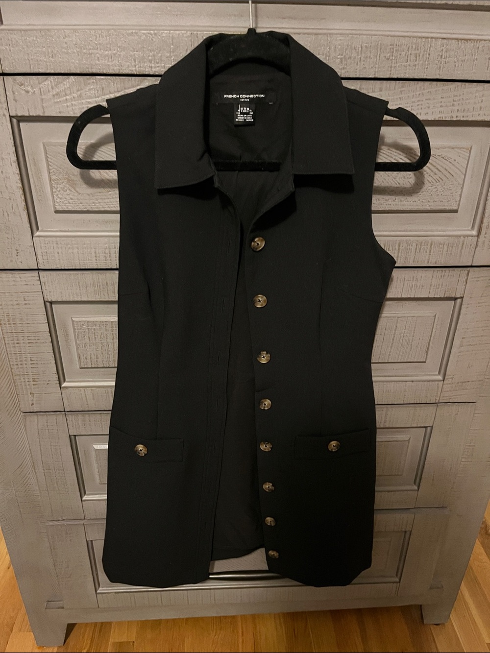 French Connection Black Sleeveless Button-Front Vest with Gold Buttons
